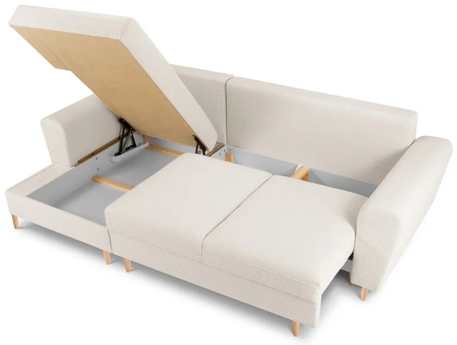 Bézs buklé kinyitható tárolóhelyes sarokkanapé (bal oldali-heverő résszel) Kyoto – Cosmopolitan Design