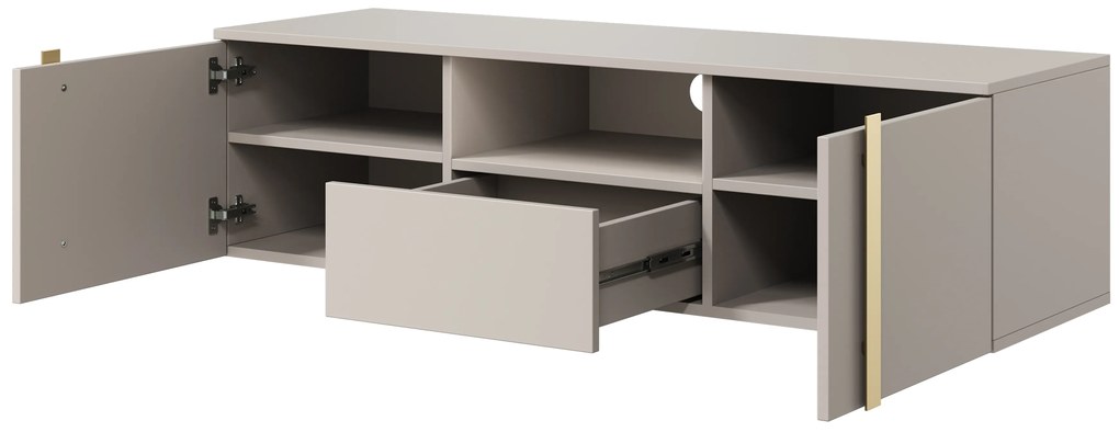 Verica 150 cm-es TV-szekrény, falra szerelhető, nyitott polccal - kasmír / arany fogantyúk