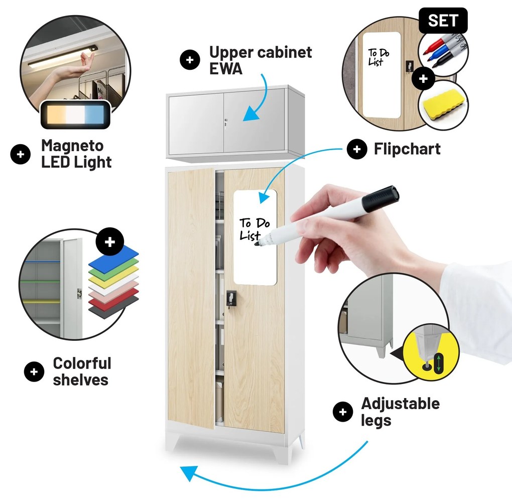 Fém iratszekrény JAN H, 900 x 1950 x 400 mm, Eco Design: fehér/ sonoma tölgy