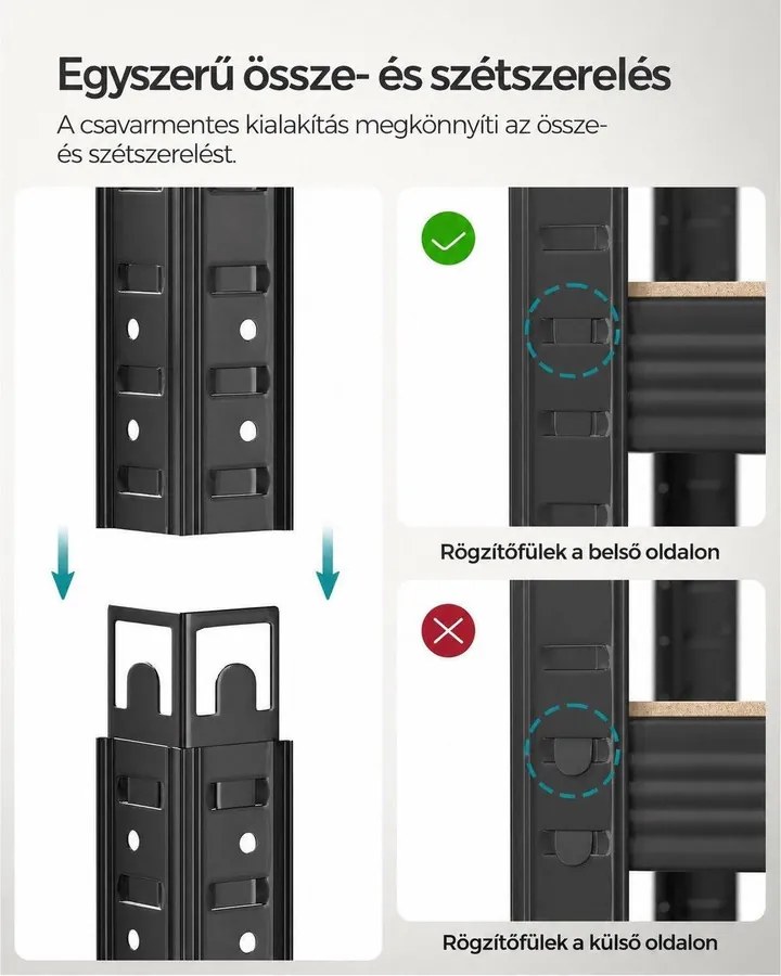 Nagy teherbírású tárolópolc, 5 állítható polccal, 600 kg teherbírás, 100 x 50 x 200 cm, fekete