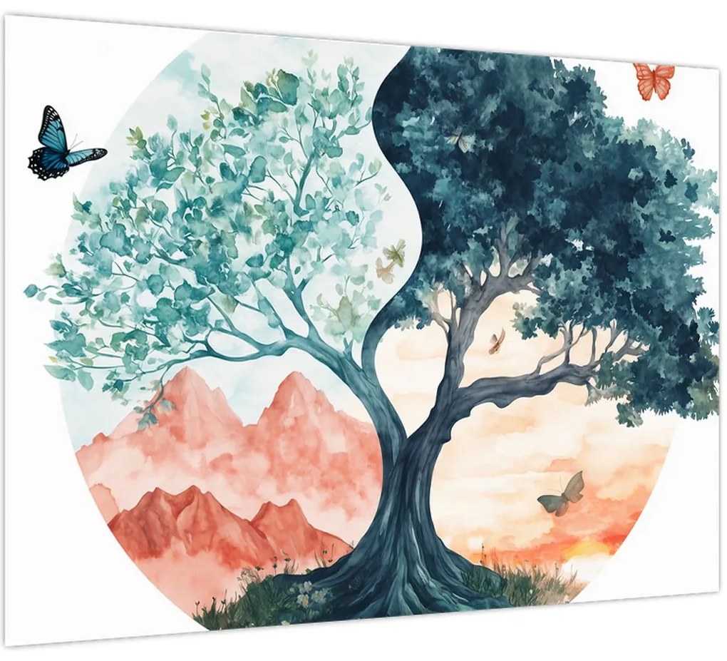 Üveg kép – Akvarellfa tele élettel (70x50 cm)