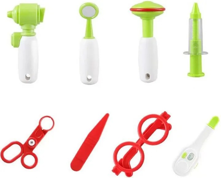 Gyermek orvosi készlet, fogantyús bőrönddel, hordozószíjjal, 12 kiegészítővel, többszínű