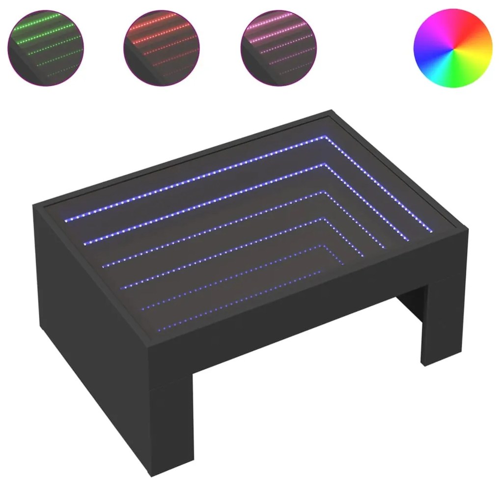 Fekete végtelen hatású LED-es dohányzóasztal 70 x 50 x 30 cm