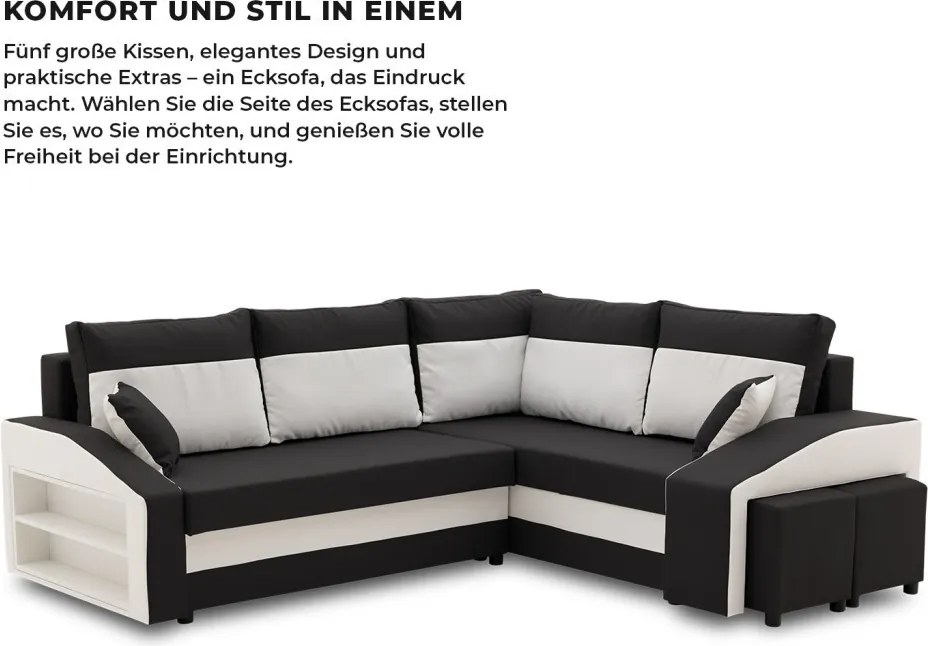 Grande sarokkanapé polcokkal és puffokkal , polc a bal karfaban puffok a jobb karfaban, jobboldali, szövet anyag, hab töltet, fekete - fehér