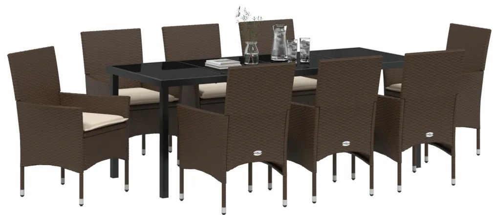9 Darabos Kerti Étkező Szett Párnákkal Barna Poli Rattan, Kerti Asztal Fekete 200x80x73 cm Edzett Üveg