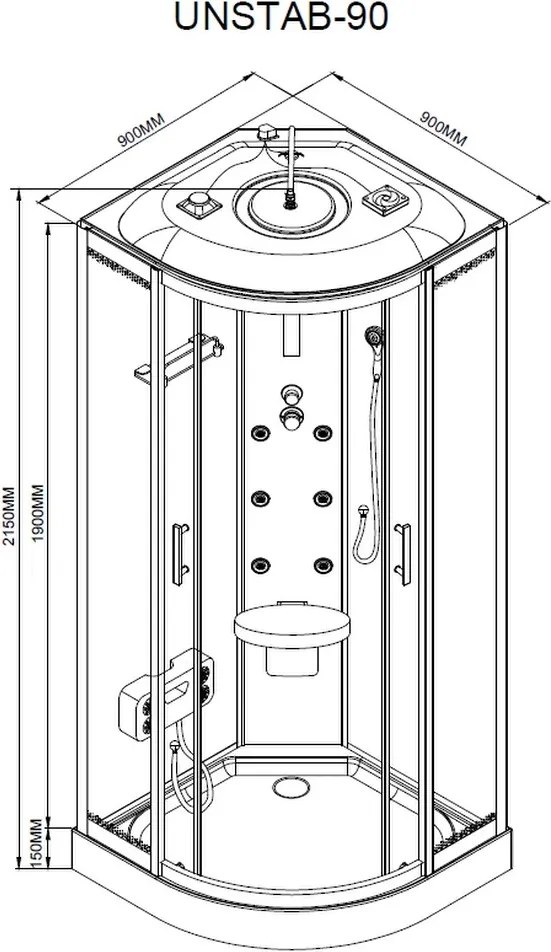 Vital Black hidromasszázs zuhanykabin 90x90 cm-es méretben