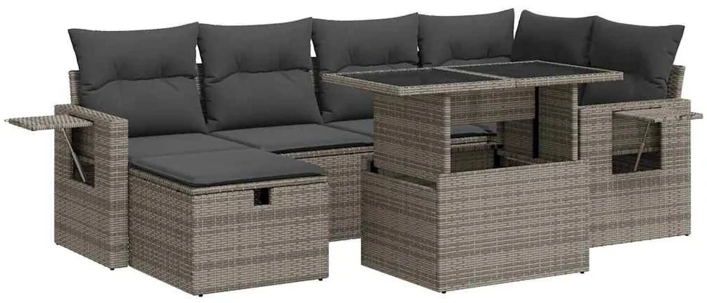 7 részes szürke polyrattan kerti ülőgarnitúra párnákkal