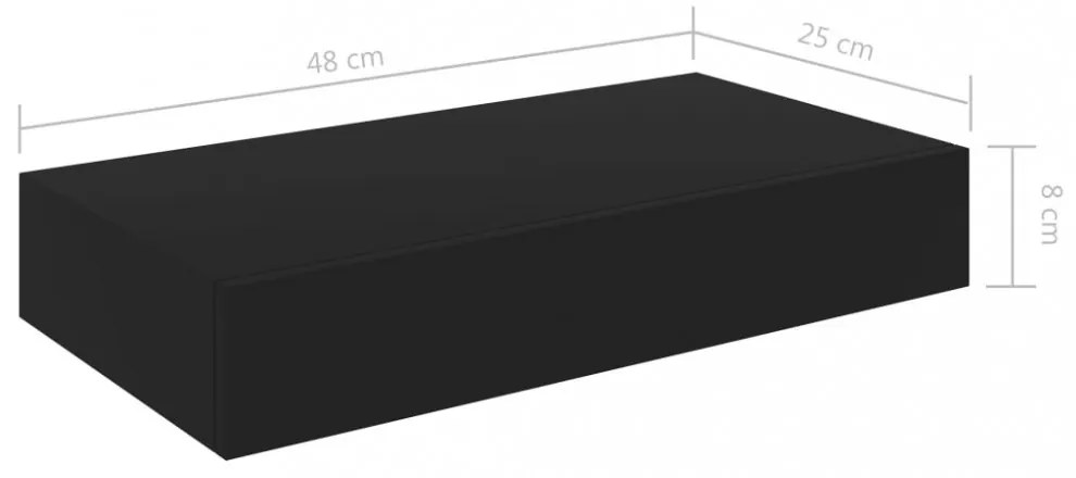 fekete lebegő fali polc fiókkal 48 x 25 x 8 cm