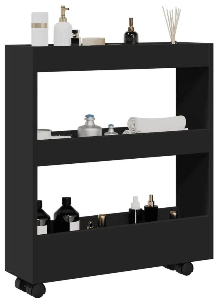 3 szintes fekete szerelt fa keskeny tárolókocsi