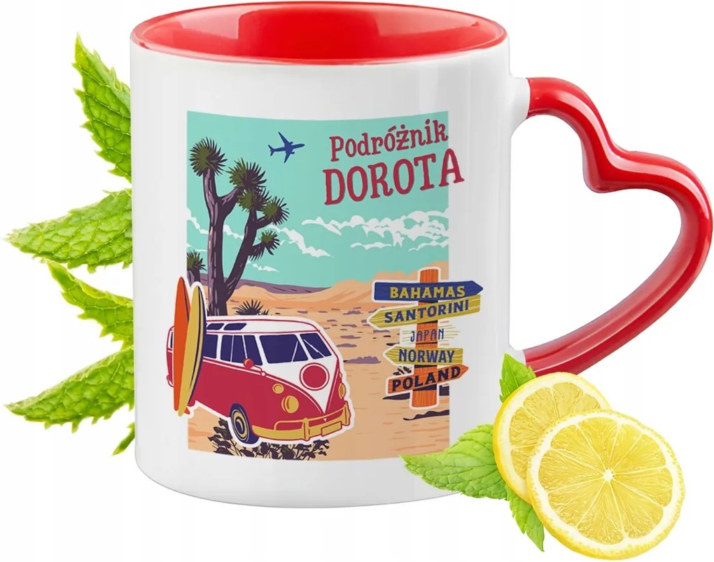 Piros bögre szív alakú füllel Dorottyának Ajándék