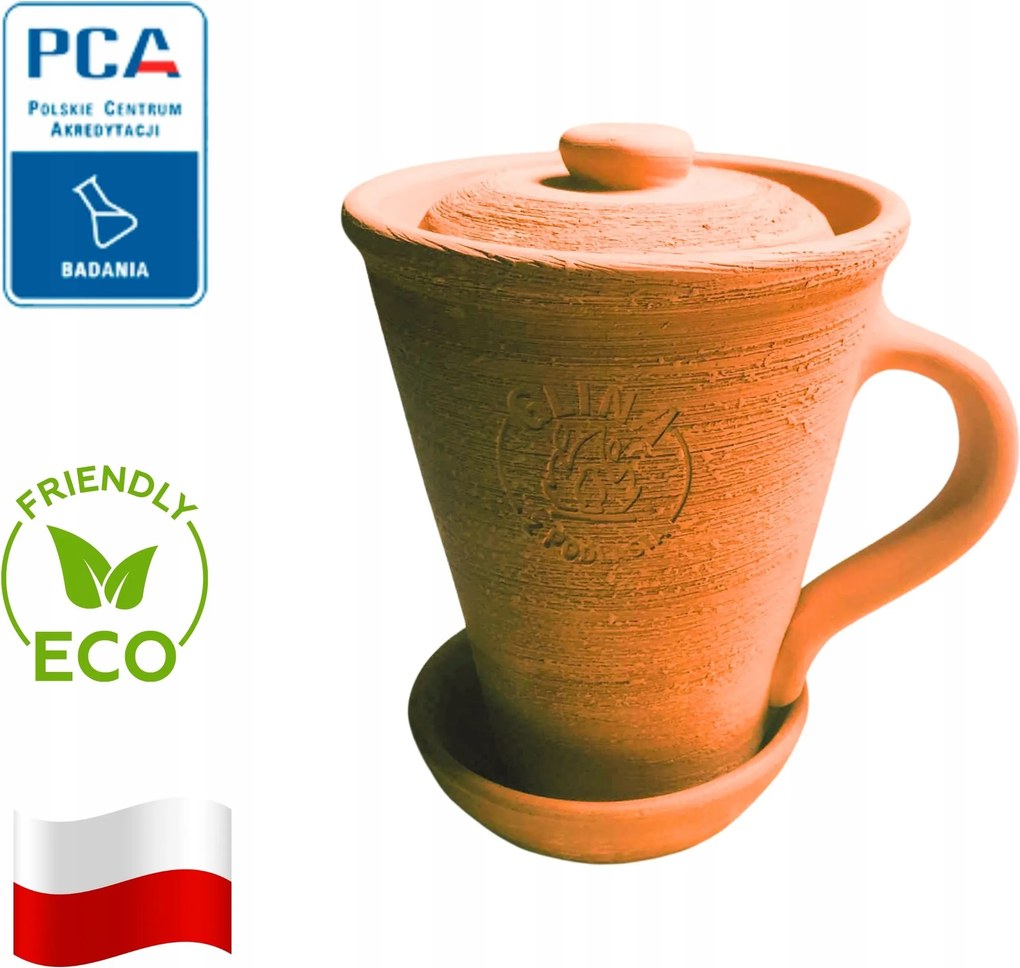 500 ml-es agyagpohár fedővel és állvánnyal. Vízhez, teához. Tanúsítvány