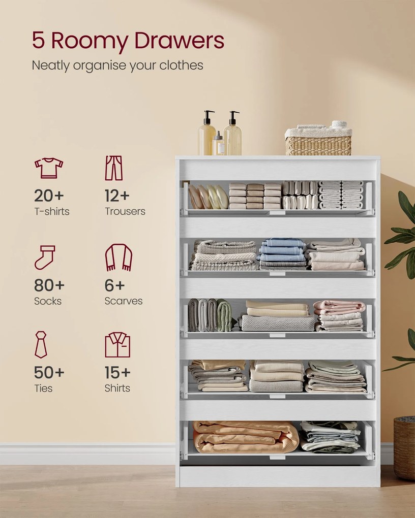 KAILYN kollekció - Modern komód, hófehér fiókos szekrény 5 fiókkal, 40 x 60 x 97,4 cm