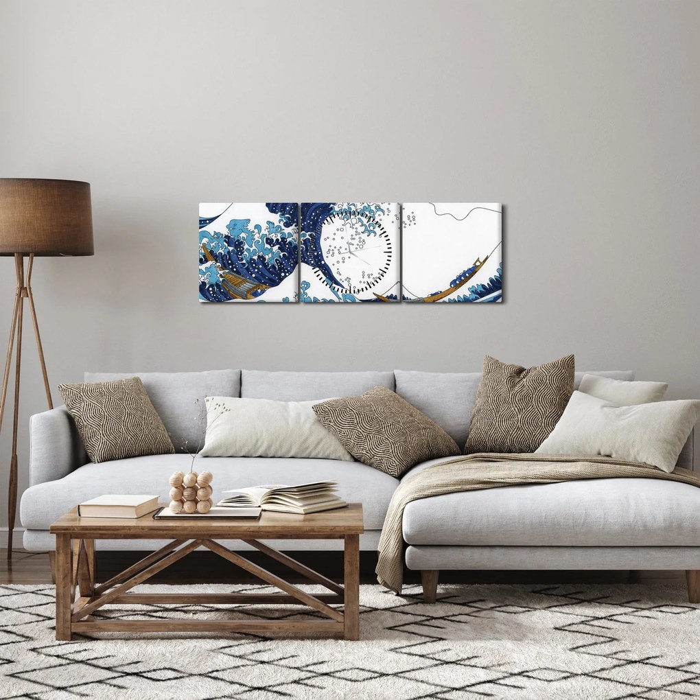 Kép - japán rajz, hullámok (órával) (90x30 cm)
