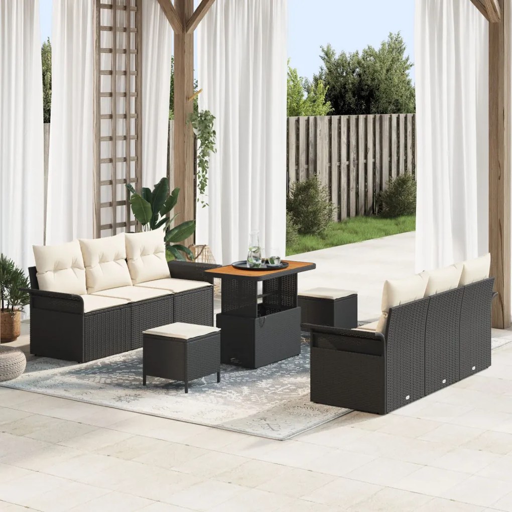 9 Részes Kert Sofa Szett Párnákkal Fekete Poli Rattan Akácia, 2-Személyes Kert Sofa Tárolóval és Párnákkal Fekete Poli Rattan, 3 Részes Kert Étkező Szett Párnákkal Fekete Poli Rattan Akácia