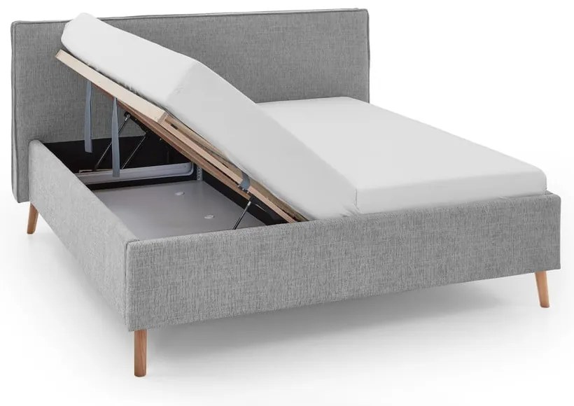 Világosszürke kárpitozott ágyneműtartós franciaágy ágyráccsal 180x200 cm Riva – Meise Möbel