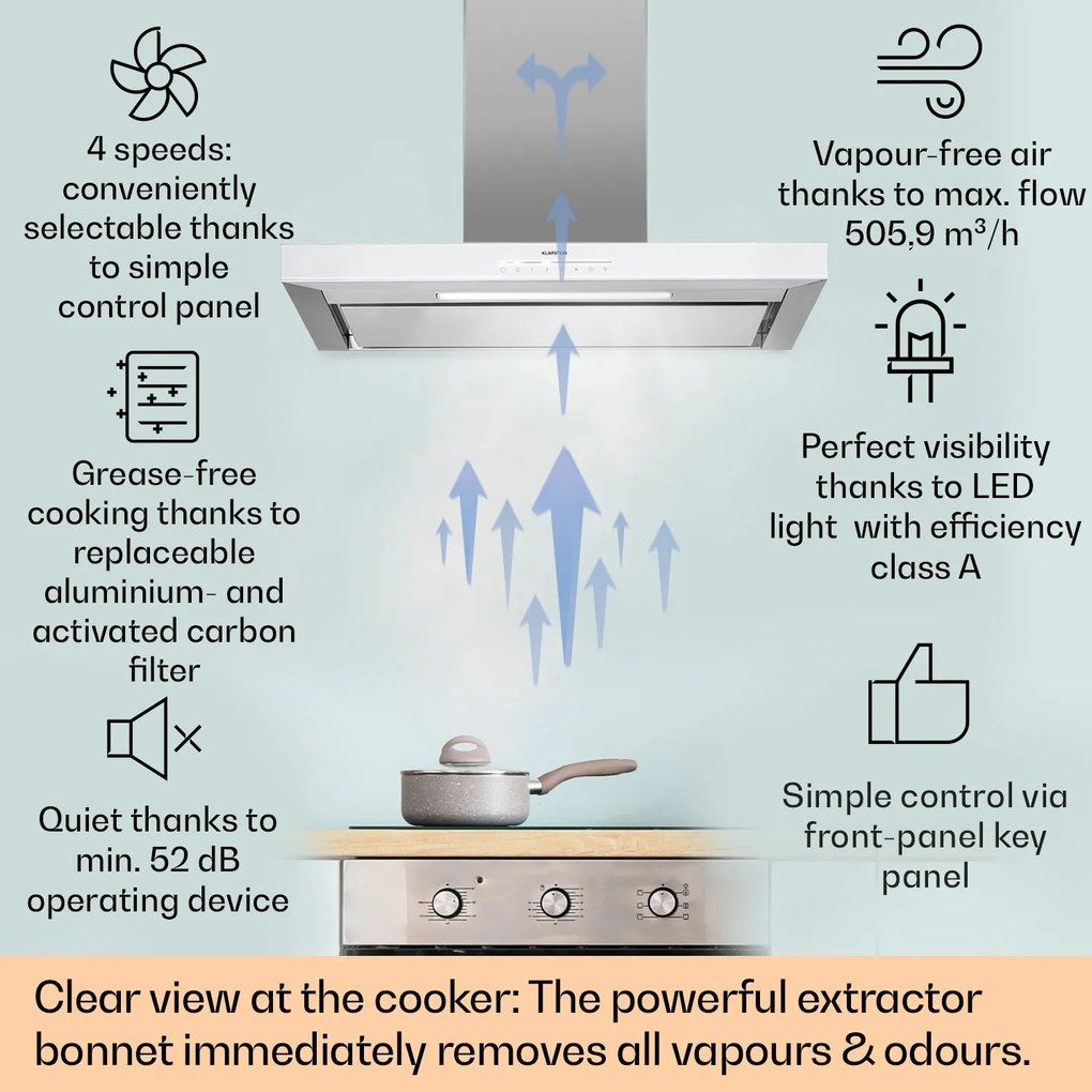 Klarstein Alinea 90, Smart, páraelszívó, 90 cm, falra szerelhető, WiFi, A++, 500 m³/h, érintőképernyő