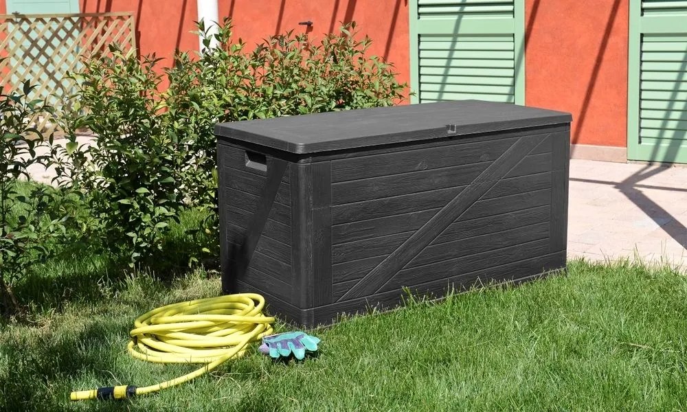 TOOMAX Kerti műanyag tároló doboz WOOD 420 L grafit