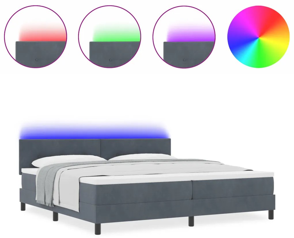 Boxspring Ágy Matraccal és LED-del Sötétszürke 200x200 cm Bársony