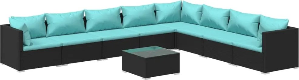 9 részes fekete polyrattan kerti ülőgarnitúra párnákkal