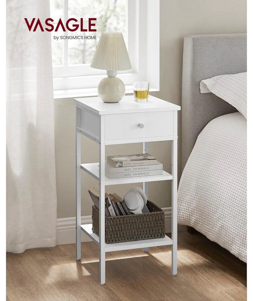 Lerakó asztal, éjjeli szekrény, fiókos, két polccal, 35 x 35 x 70 cm, fehér
