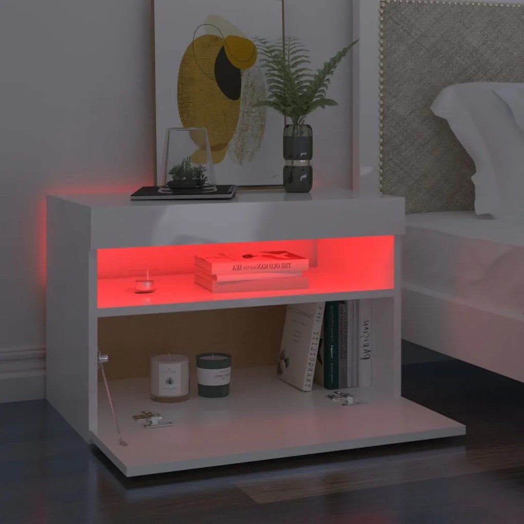 2 db magasfényű fehér éjjeliszekrény LED-lámpákkal 60x35x40 cm