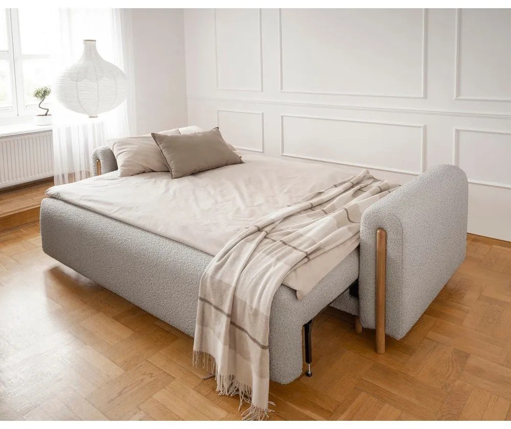 Szürkésbézs buklé kinyitható-tárolóhelyes kanapé 244 cm Arcadova – ELTAP