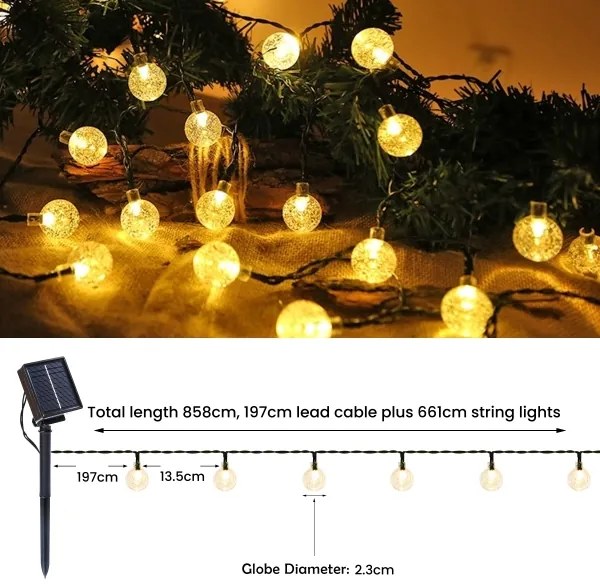 Brilagi- LED napelemes díszfüzér BUBBLE, 200 db LED, 8 funkciós, 20 m, IP65, meleg fehér