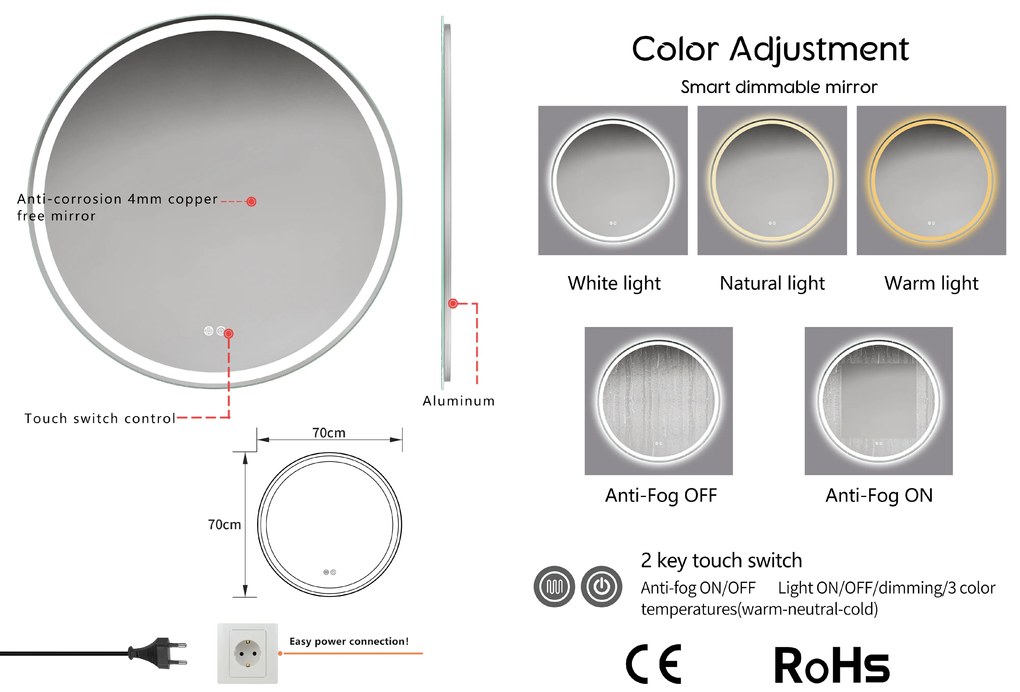 Erga Carla, kerek LED tükör 70cm, 1610 lm, 3 színű fény, ERG-V01-208-7070