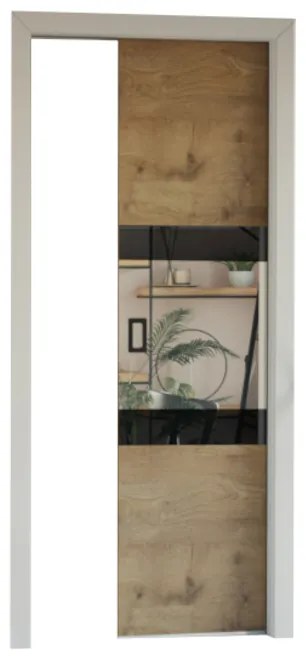 LUMBA tolóajtó 100 + ajtókeret, 100x209,7, arany tölgy craft/fekete üveg