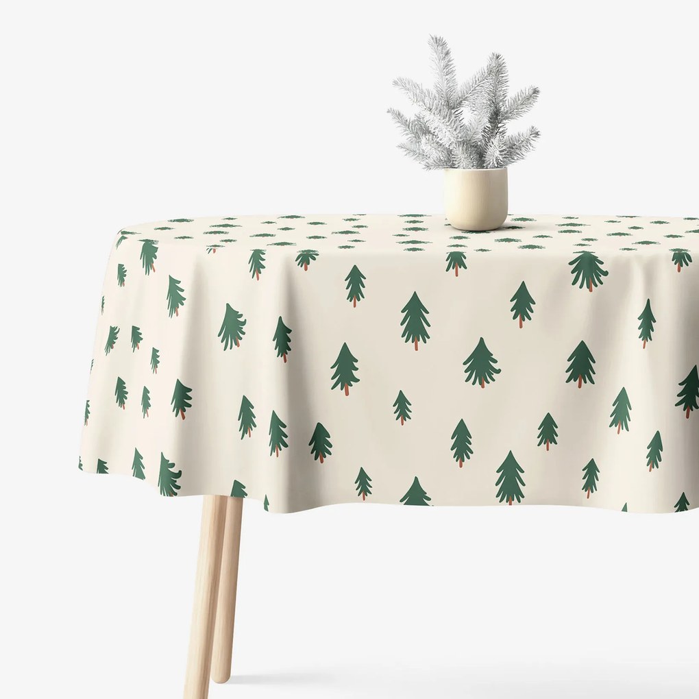 Goldea karácsonyi asztalterítő - extra erős 100% - os pamut - karácsonyfák bézs alapon - ovális 120 x 160 cm