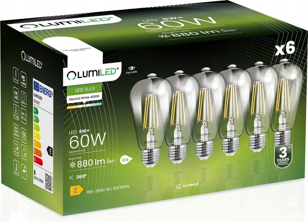 6x Led izzó E27 Edison ST64 8W 60W 4000K Semleges Dekorációs Filament