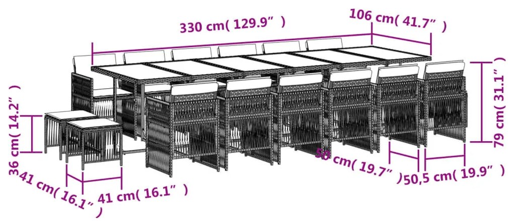vidaXL 17 részes bézs polyrattan kerti étkezőgarnitúra párnákkal