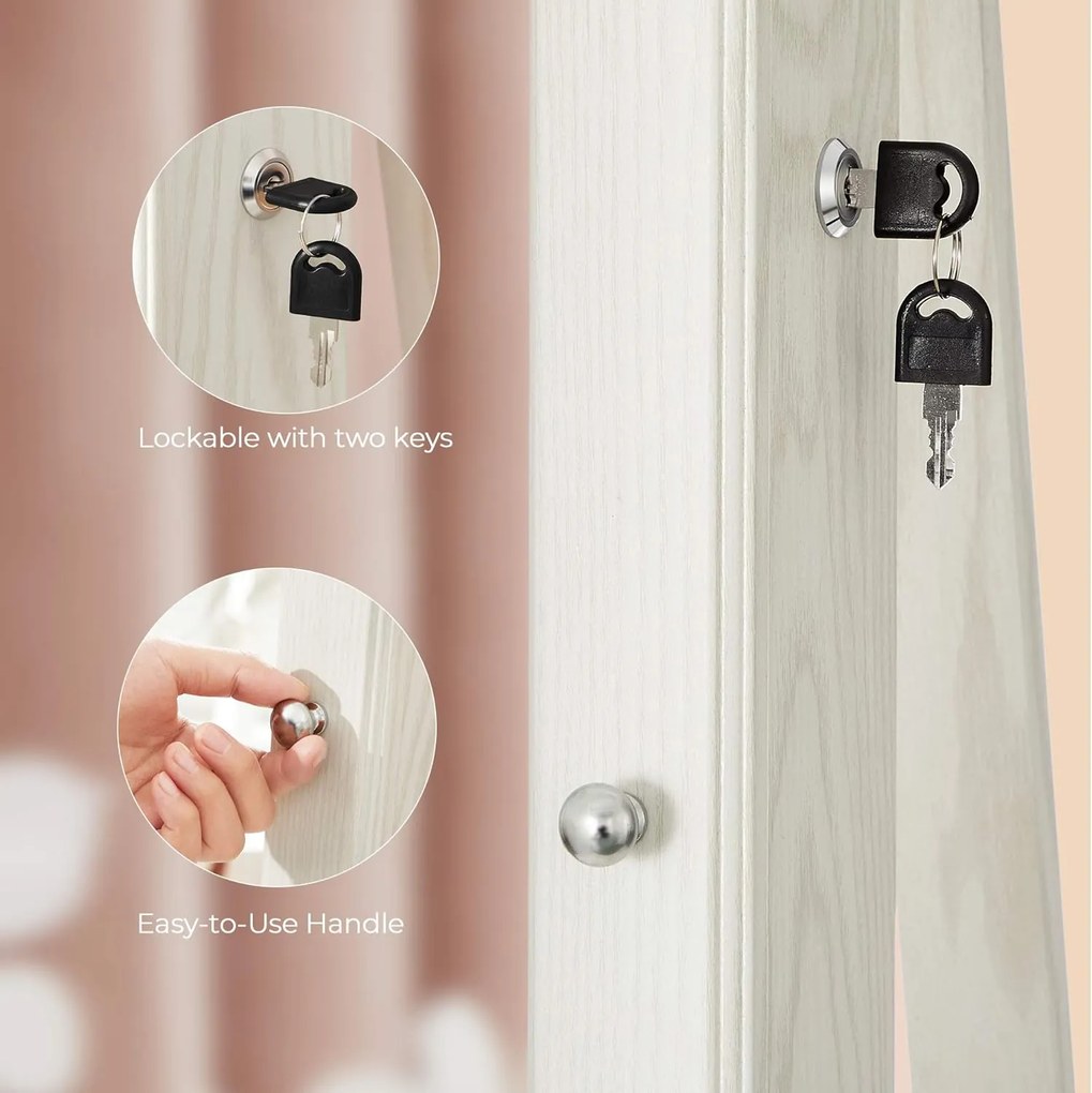 360°-ban forgatható ékszerszekrény, teljes alakos tükörrel, zárható ékszertároló, fehér