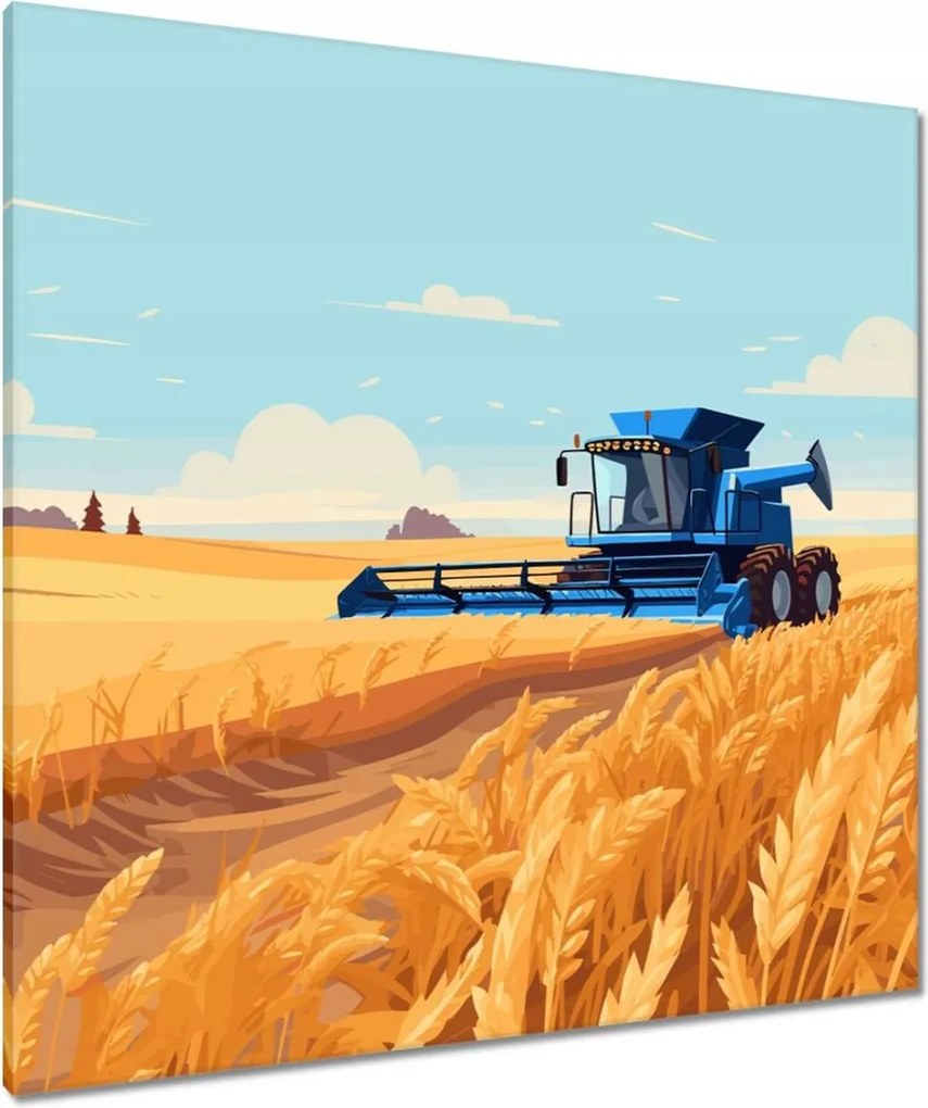 Vászonkép 90x90 Kék kombájn az aratás mezőjén