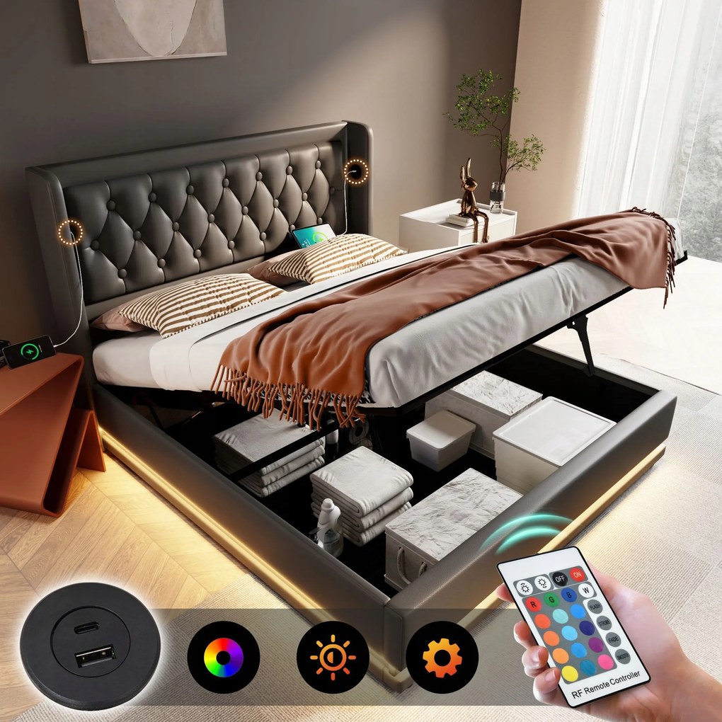 Kárpitozott ágy Kétszemélyes ágy Usb Type-C Led 160x200 fekete+Matrac