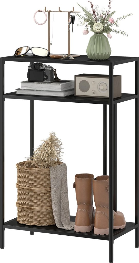HOMCOM keskeny, 3 polcos konzolasztal — ipari fém asztal nappaliba és előszobába, 55 x 30 x 85 cm, fekete | Aosom