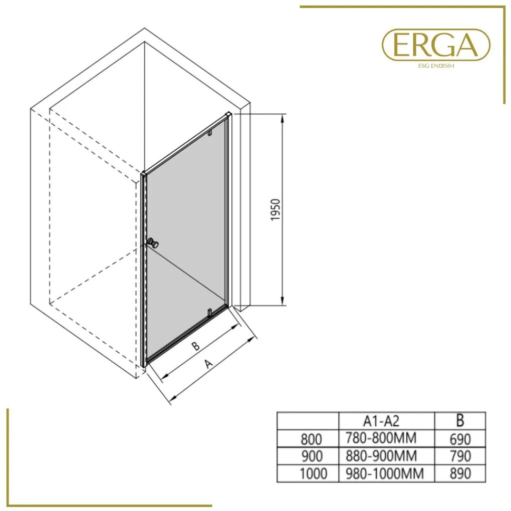 Erga Sydney, 1 szárnyú csuklós zuhanyajtó nyitáshoz 100x195 cm, 6mm átlátszó üveg, króm profil, ERG-V02-SYDNEY-D100-CR