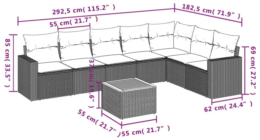 8 részes szürke polyrattan kerti ülőgarnitúra párnákkal