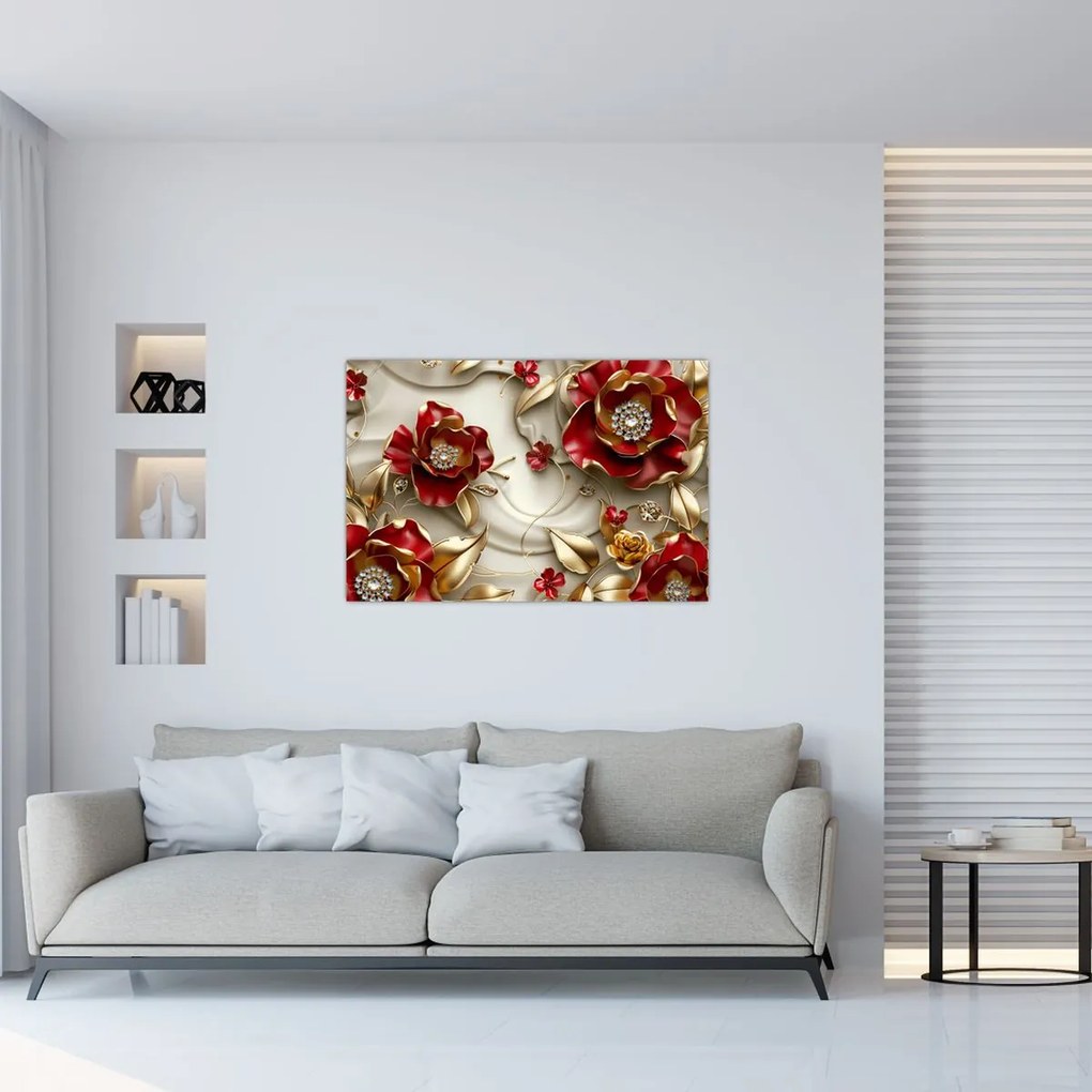 Kép - 3D piros-arany virágok (90x60 cm)