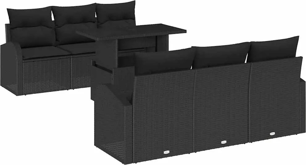 vidaXL Kerti Kanapé Szett párnával tárolóval 7 pcs Fekete Poly Rattan
