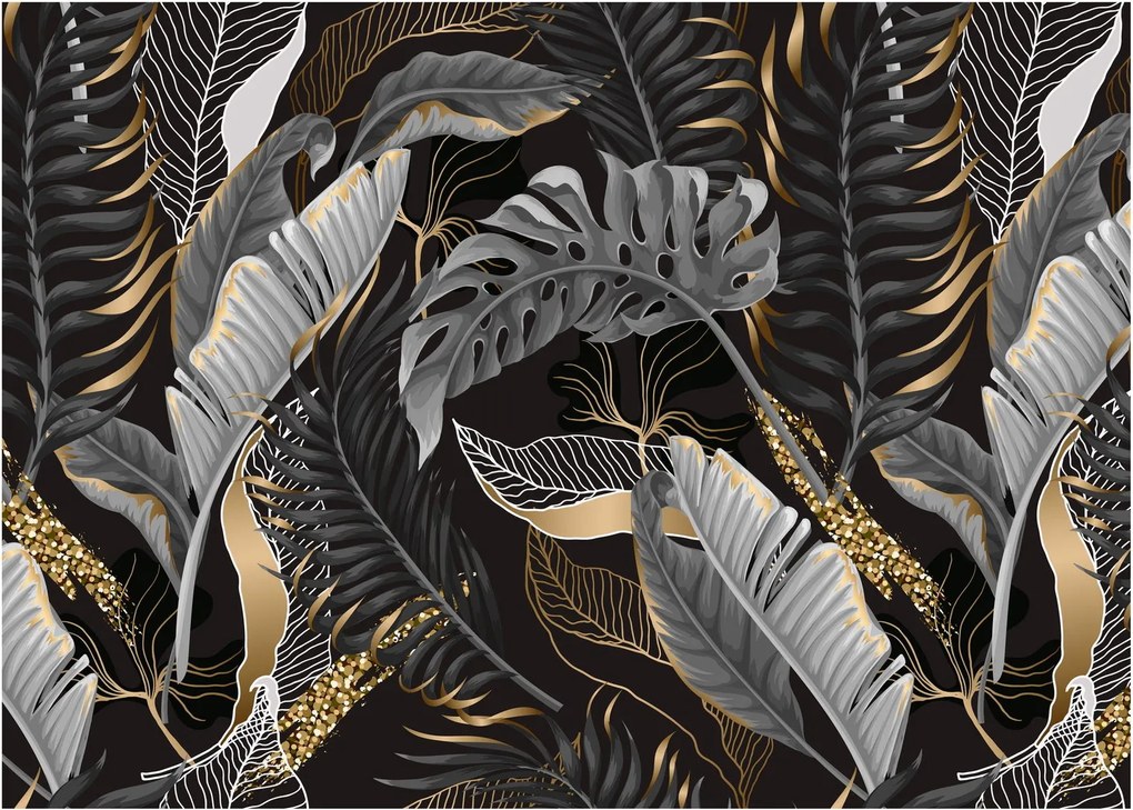 Kép - Trópusi levelek fekete és arany színben (üvegen) (70x50 cm)