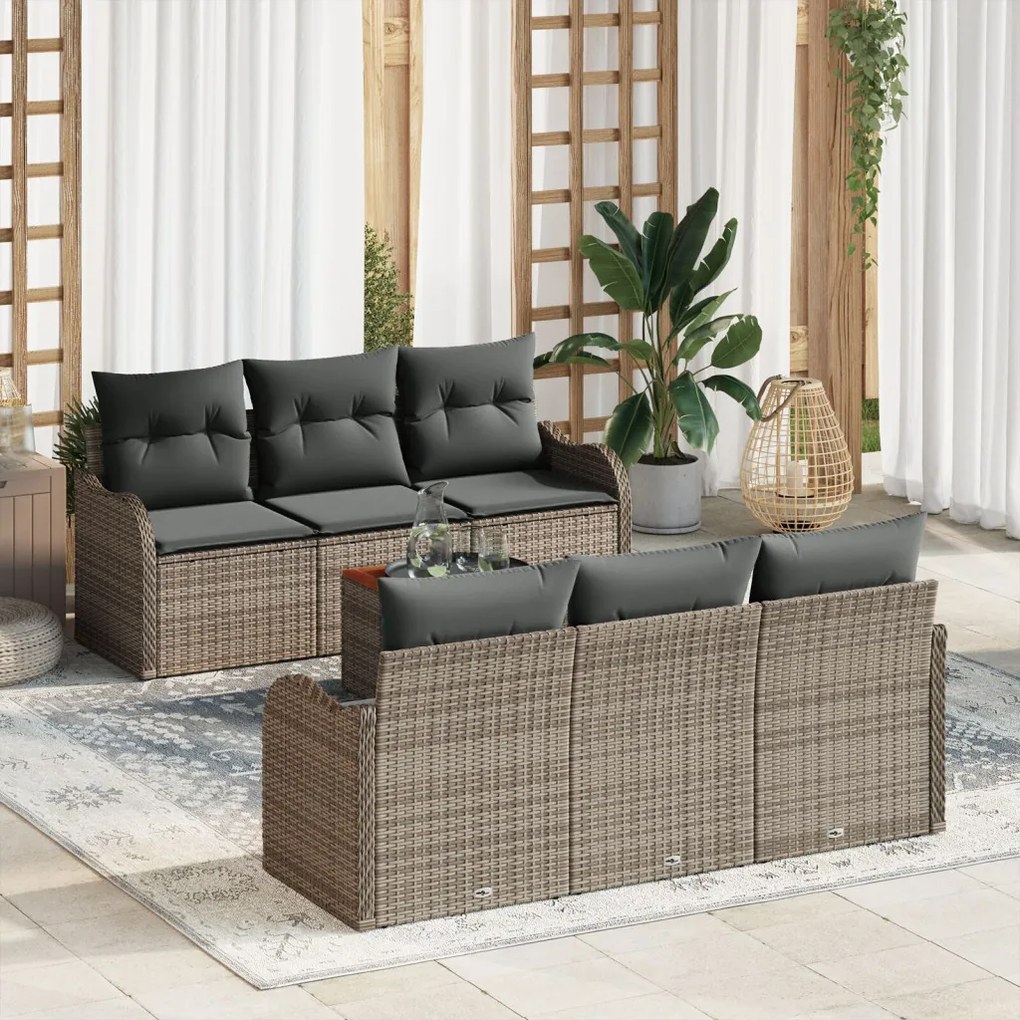 7 részes kertigarnitúra párnákkal Szürke Poli Rattan Akácia, 2 személyes kertigarnitúra párnákkal Szürke Poli Rattan