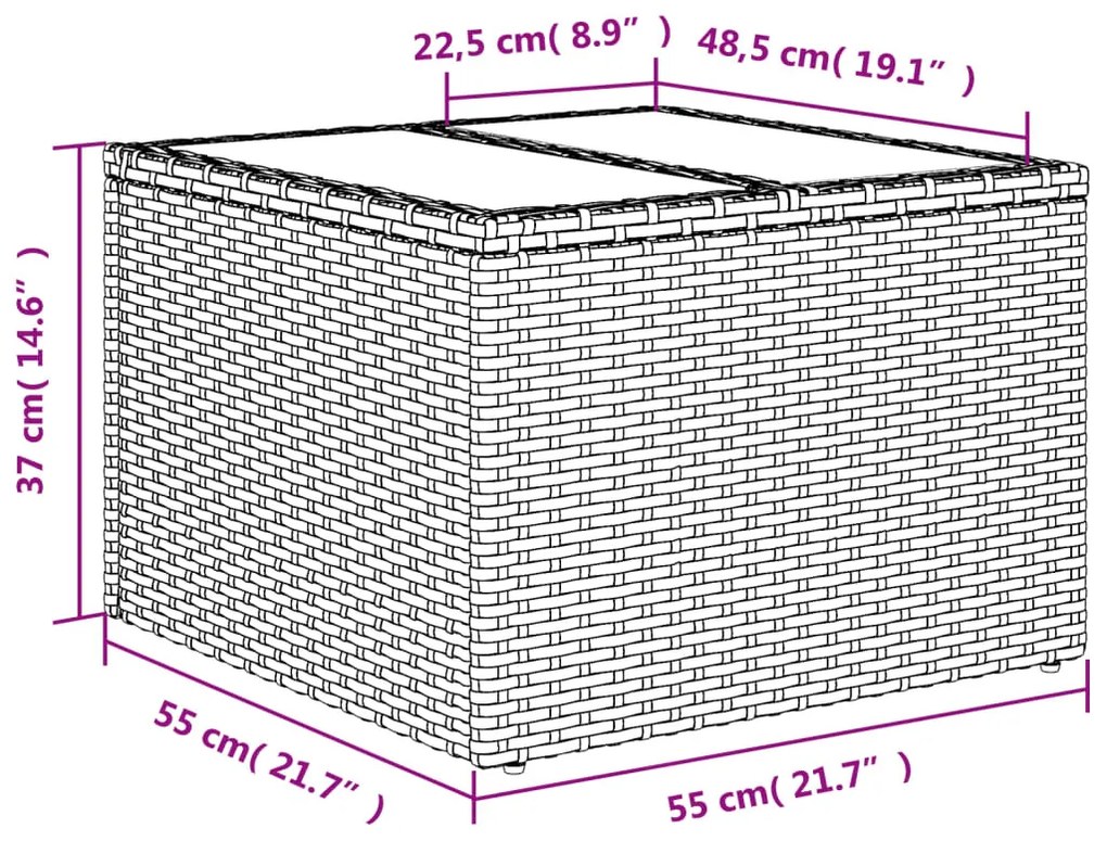 világosszürke polyrattan üveglapos kerti asztal 55x55x37 cm