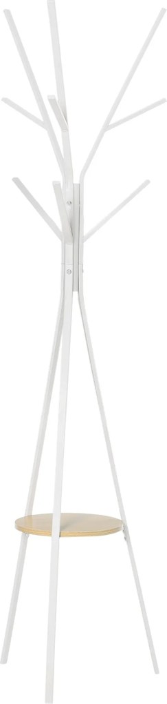 HOMCOM Kabátállvány 8 Horganyzóval, Kalaptartó, Polcos Kabátállvány, Álló Gardrób Ruhákhoz, Kalapokhoz, Táskákhoz, Fém, Fehér, 45 x 45 x 180 cm | Aoso