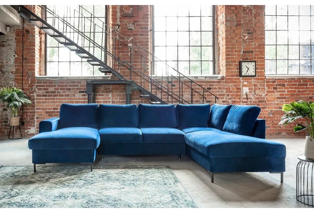Lofty Lilly matrózkék kinyitható U alakú bársony kanapé, jobb oldali - Miuform