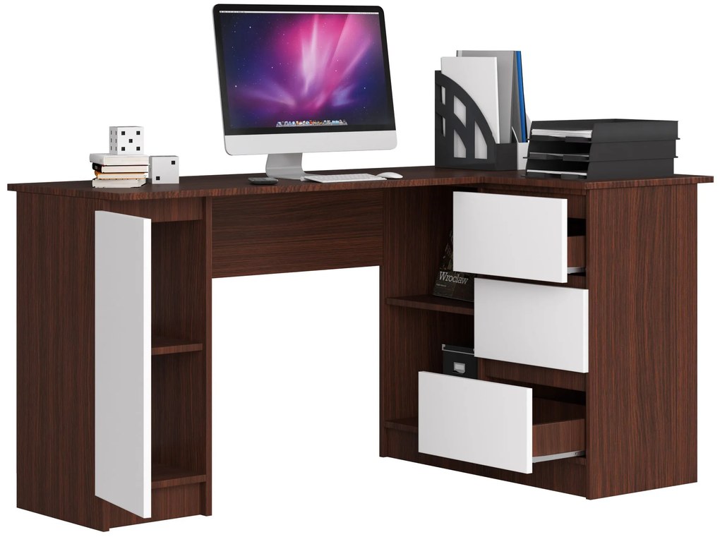 Sarok PC asztal Bevin (wenge + fehér) (J). Akció -15%. 1069145