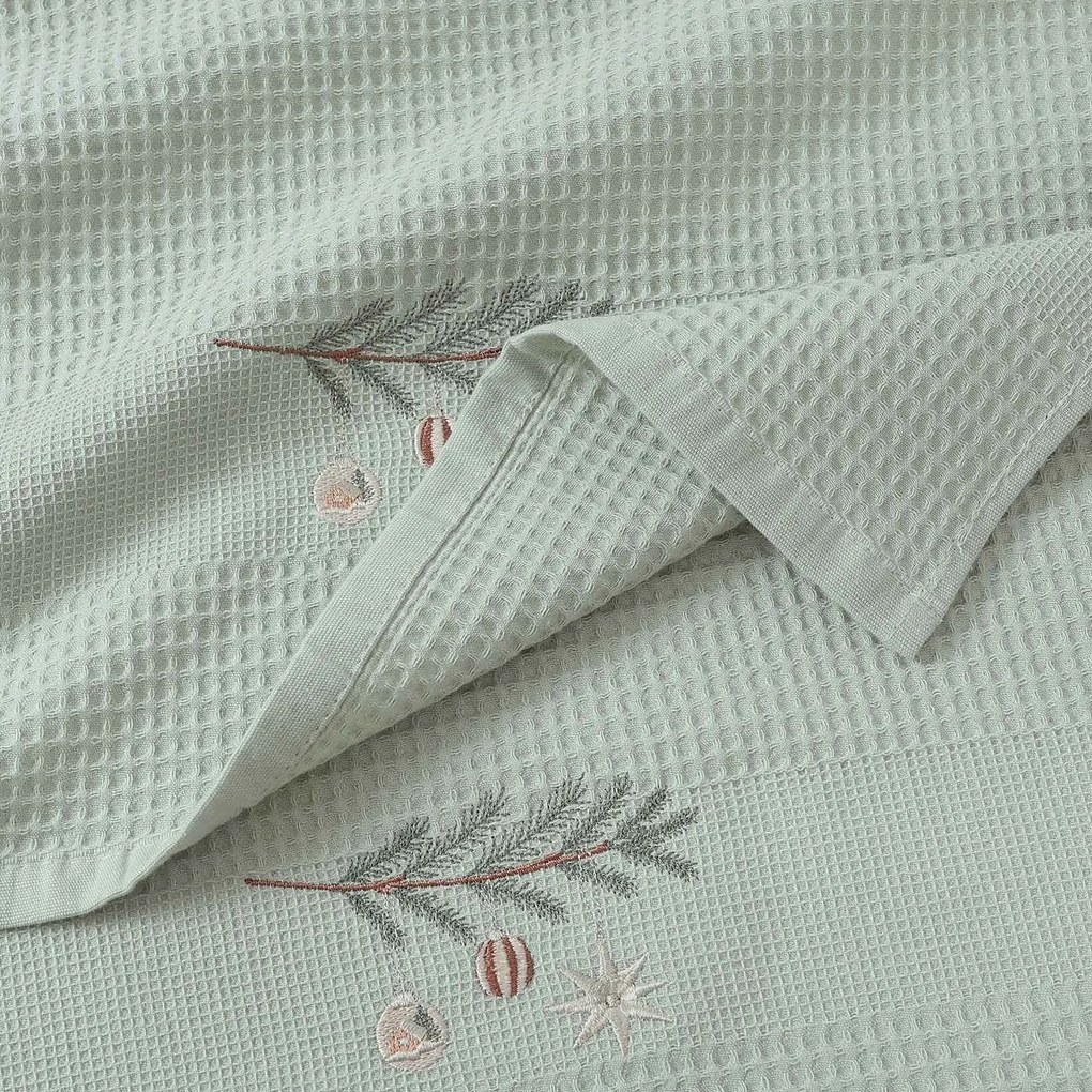 Goldea karácsonyi hímzett waffle konyharuha - gömbök az ágon zsálya háttéren 50 x 70 cm