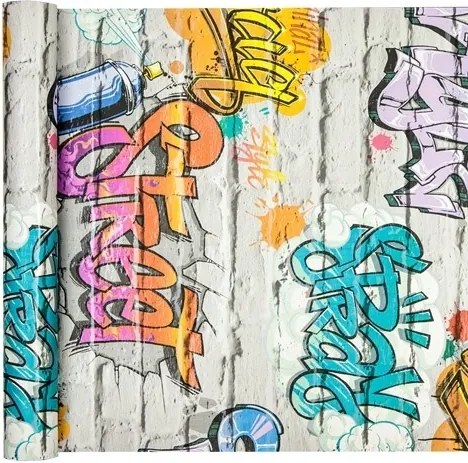 3D Graffiti Ifjúsági Tapéta fehér téglán