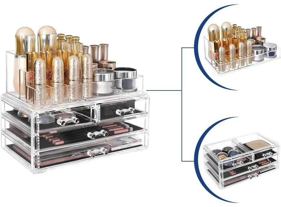 Sminkrendező, akril tároló dobozzal, 4 nagy fiókkal, 24 x 18,5 x 13,5 cm