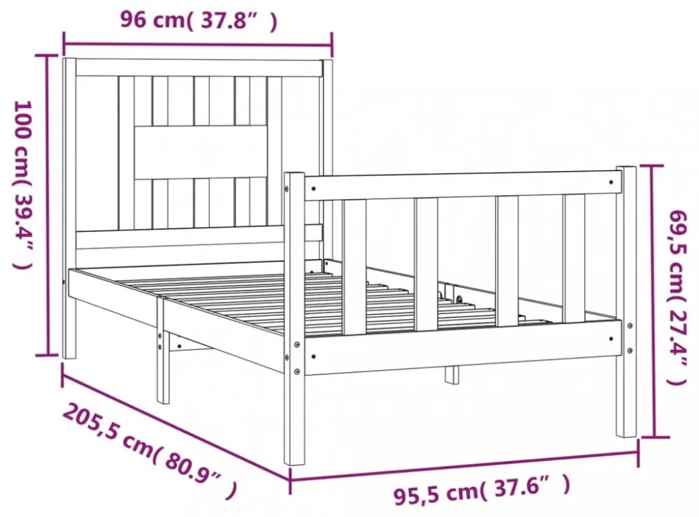fehér tömör fenyőfa ágykeret fejtámlával 90 x 200 cm